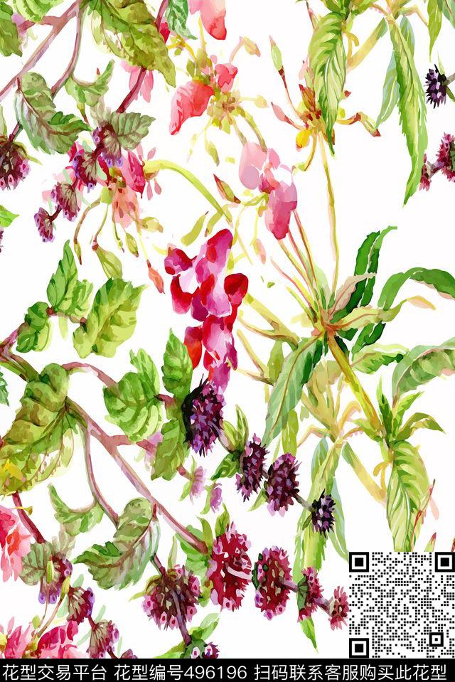 水彩绿叶花卉数码印花华亿平台下载（图片编号: 496196） - 瓦栏（Walan）