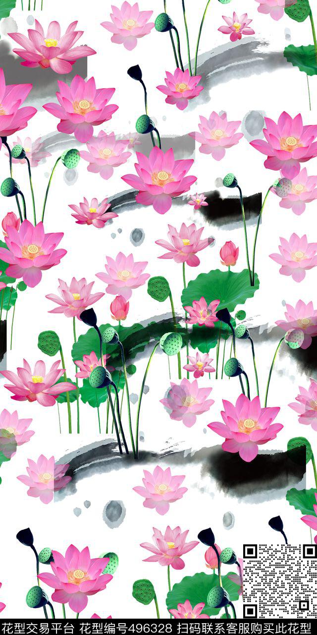 花卉荷花荷叶数码印花华亿平台下载（图片编号: 496328） - 瓦栏（Walan）