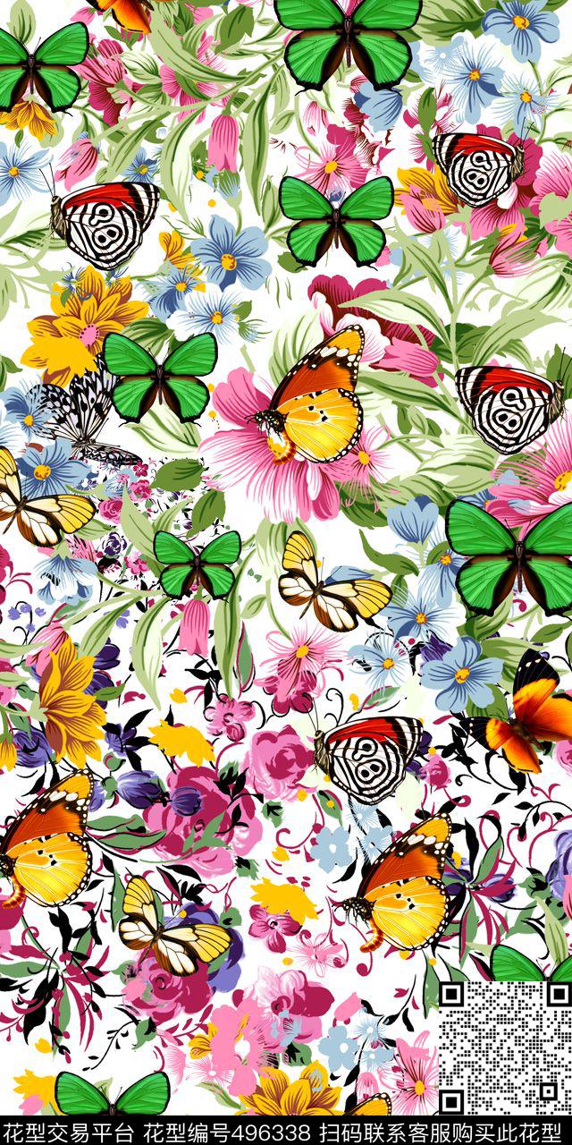 花花卉蝴蝶数码印花华亿平台下载（图片编号: 496338） - 瓦栏（Walan）