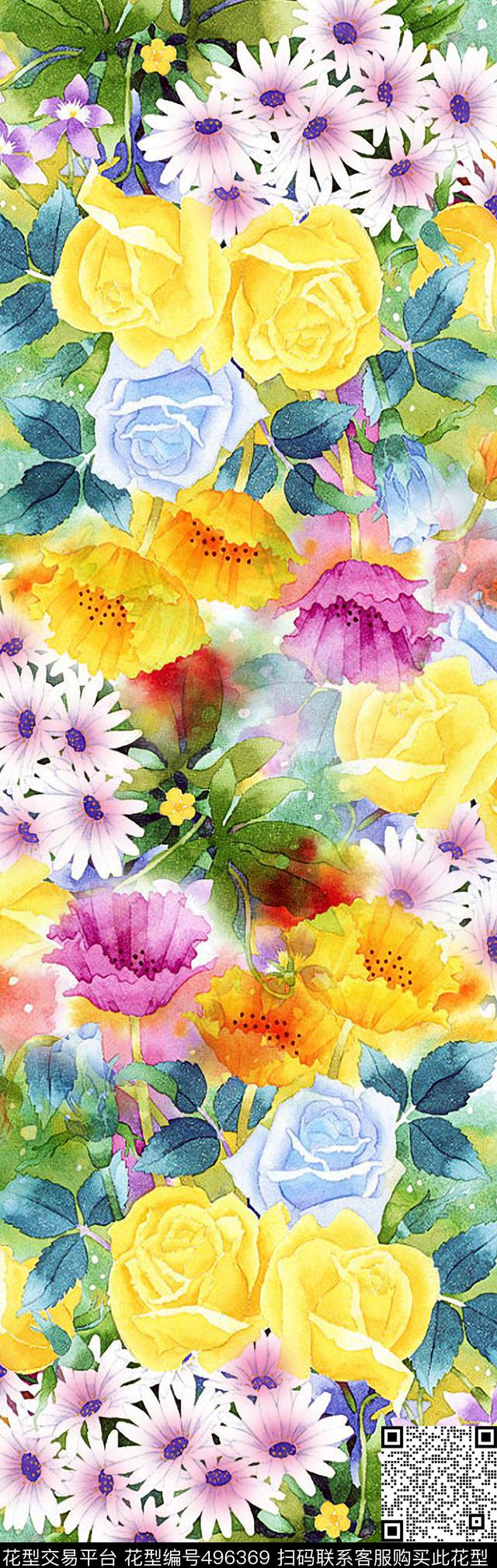 数码定位花卉水彩围巾数码印花华亿平台下载（图片编号: 496369） - 瓦栏（Walan）