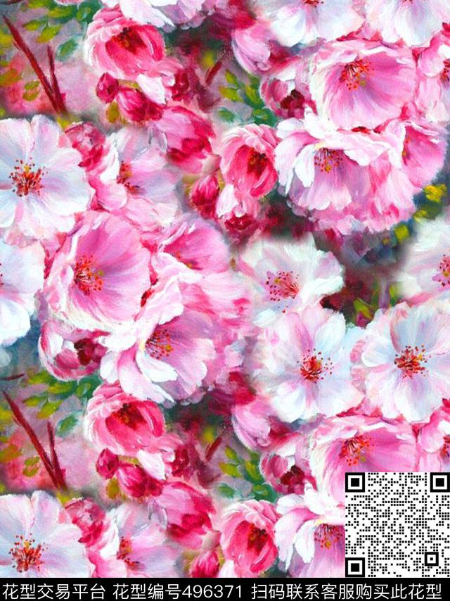 流行时尚手绘水彩花卉欧美数码印花华亿平台下载（图片编号: 496371） - 瓦栏（Walan）