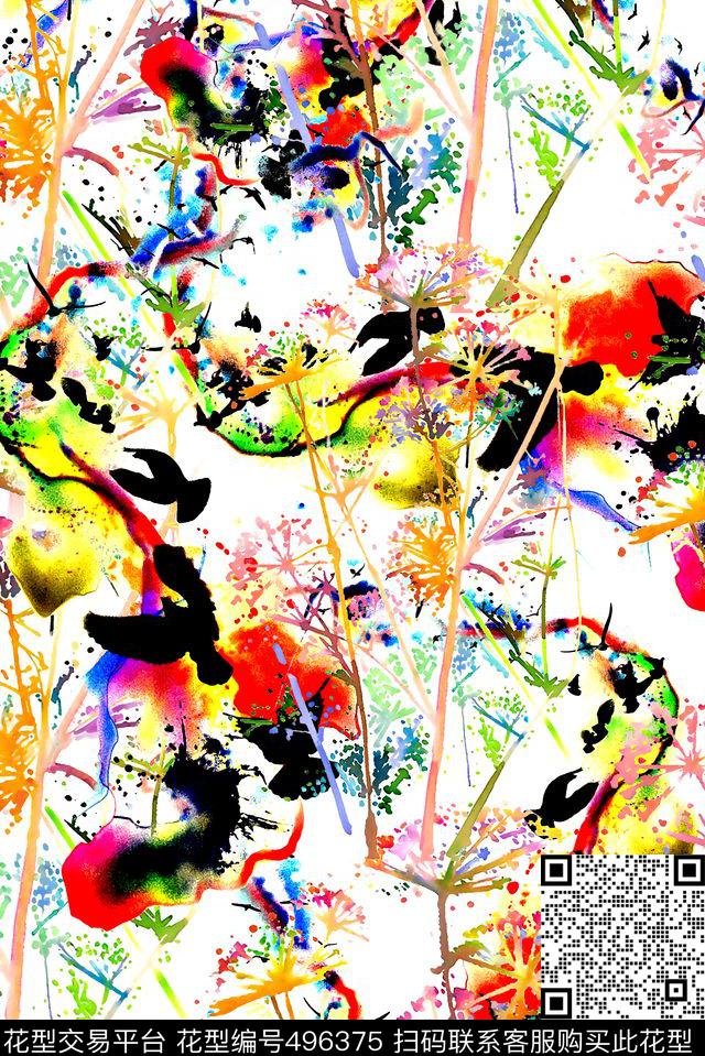 抽象水彩水墨数码印花华亿平台下载（图片编号: 496375） - 瓦栏（Walan）