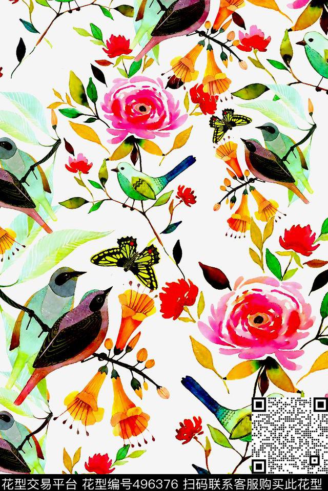 水彩水墨花卉数码印花华亿平台下载（图片编号: 496376） - 瓦栏（Walan）