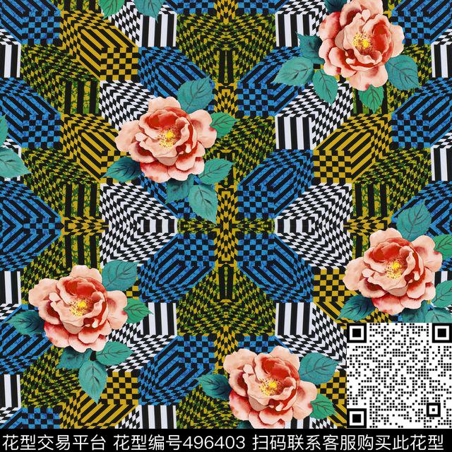几何小花时尚数码印花华亿平台下载（图片编号: 496403） - 瓦栏（Walan）