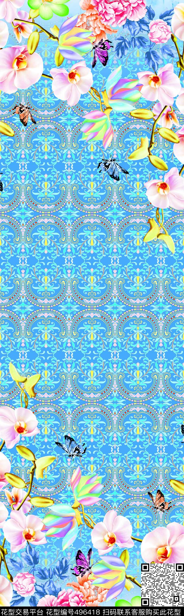 定位花蝴蝶花朵数码印花华亿平台下载（图片编号: 496418） - 瓦栏（Walan）