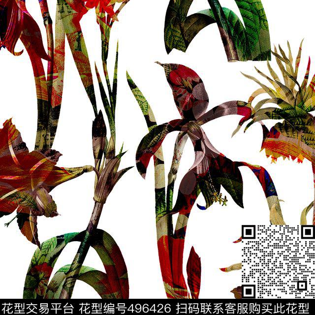 五彩热带花卉数码印花华亿平台下载（图片编号: 496426） - 瓦栏（Walan）