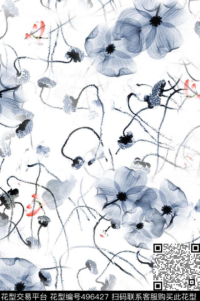 抽象荷花透明花写意数码印花华亿平台下载（图片编号: 496427） - 瓦栏（Walan）
