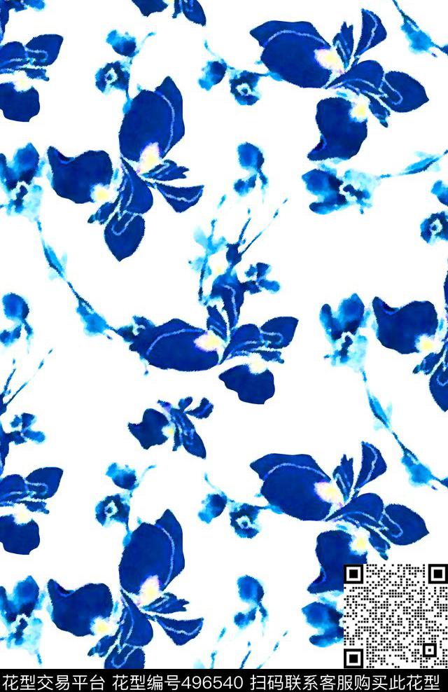 流行时尚手绘简约花卉欧美数码印花华亿平台下载（图片编号: 496540） - 瓦栏（Walan）