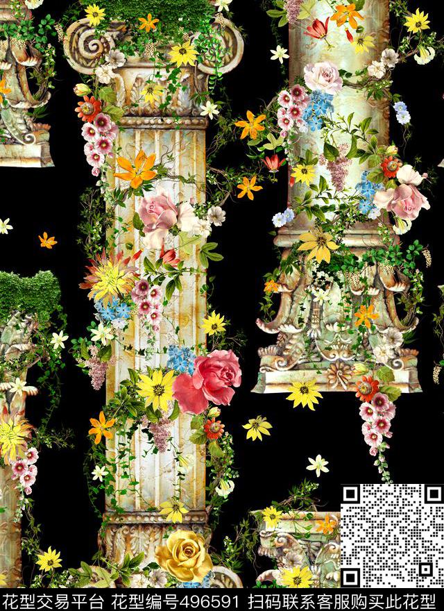 时尚罗马柱花卉数码印花华亿平台下载（图片编号: 496591） - 瓦栏（Walan）