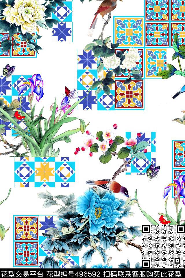 中国风几何花鸟数码印花华亿平台下载（图片编号: 496592） - 瓦栏（Walan）