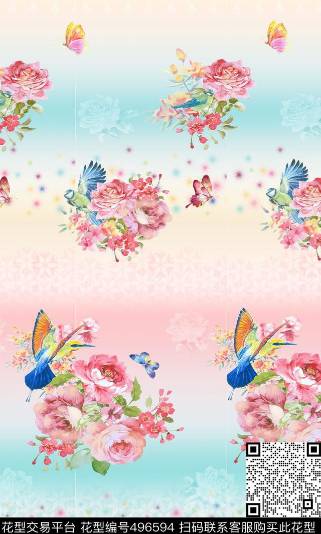 鲜花小鸟多彩绚丽数码印花华亿平台下载（图片编号: 496594） - 瓦栏（Walan）