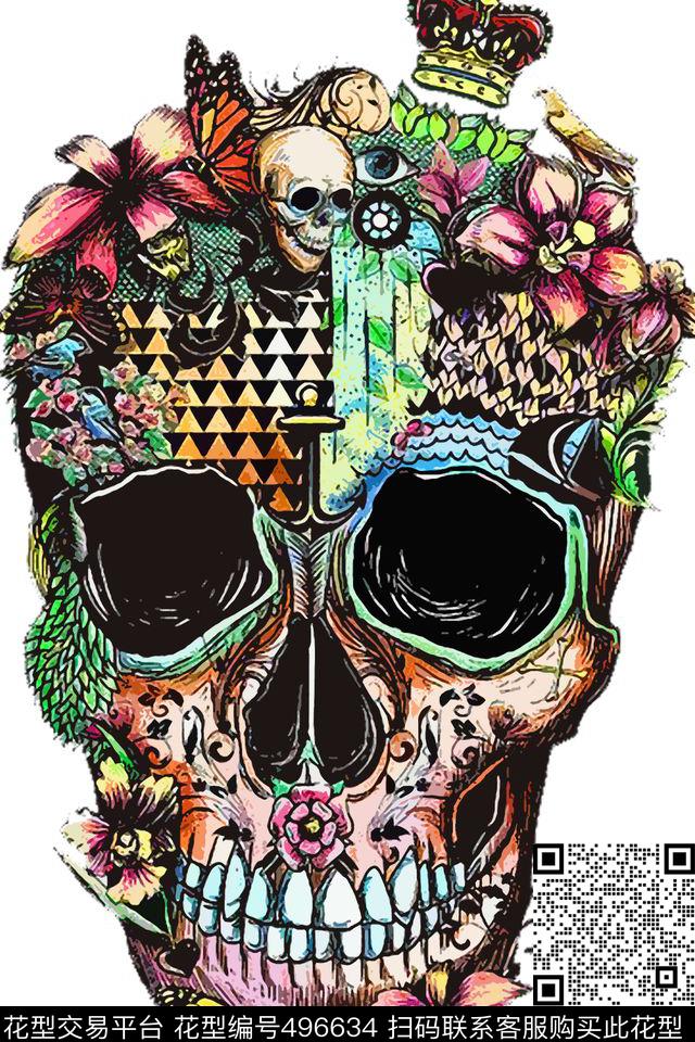 T恤彩色时尚花卉骷髅头数码印花华亿平台下载（图片编号: 496634） - 瓦栏（Walan）