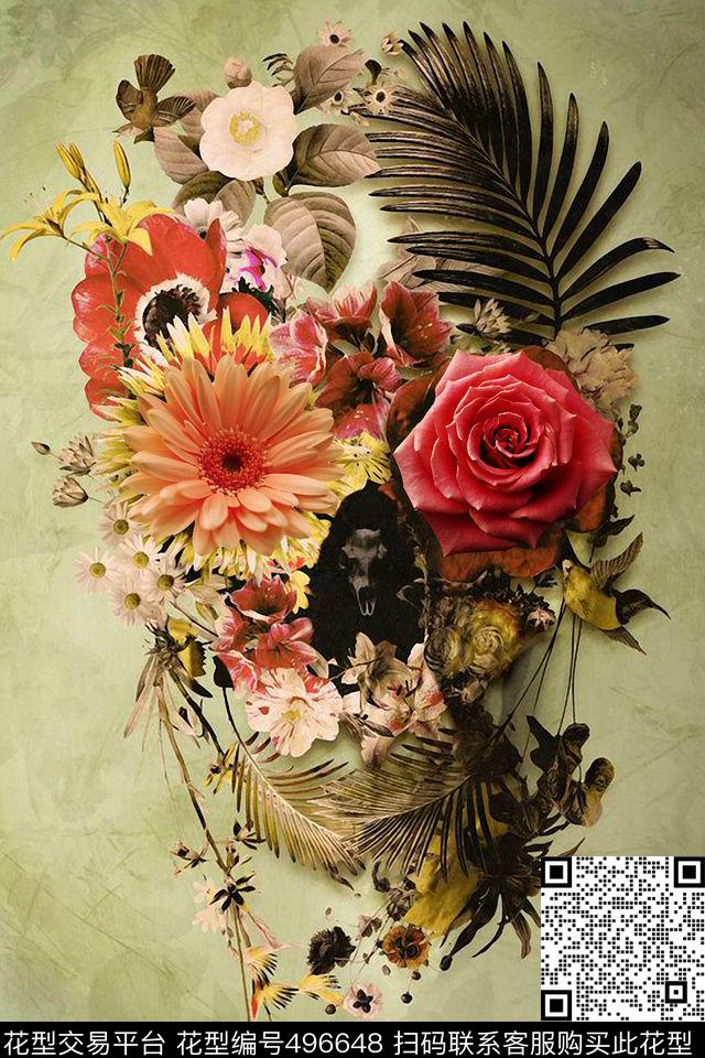 T恤图案时尚手绘数码手绘骷髅头数码印花华亿平台下载（图片编号: 496648） - 瓦栏（Walan）