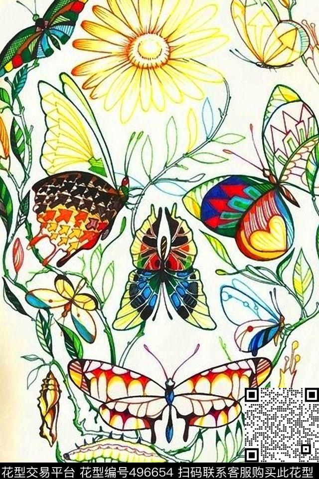 T恤图案时尚彩绘数码手绘骷髅头数码印花华亿平台下载（图片编号: 496654） - 瓦栏（Walan）