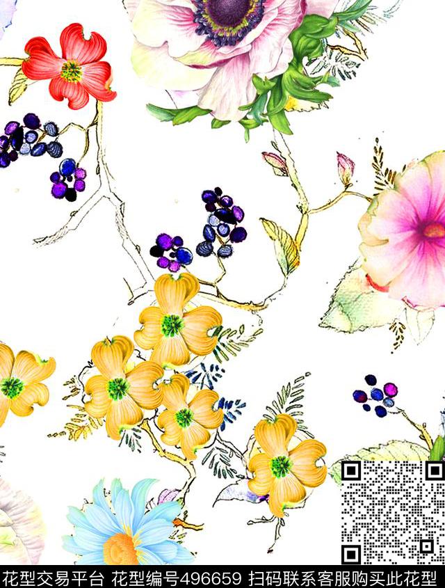 流行时尚手绘水彩线条花卉欧美数码印花华亿平台下载（图片编号: 496659） - 瓦栏（Walan）