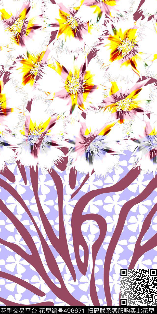 浪漫写意花卉线条数码印花华亿平台下载（图片编号: 496671） - 瓦栏（Walan）