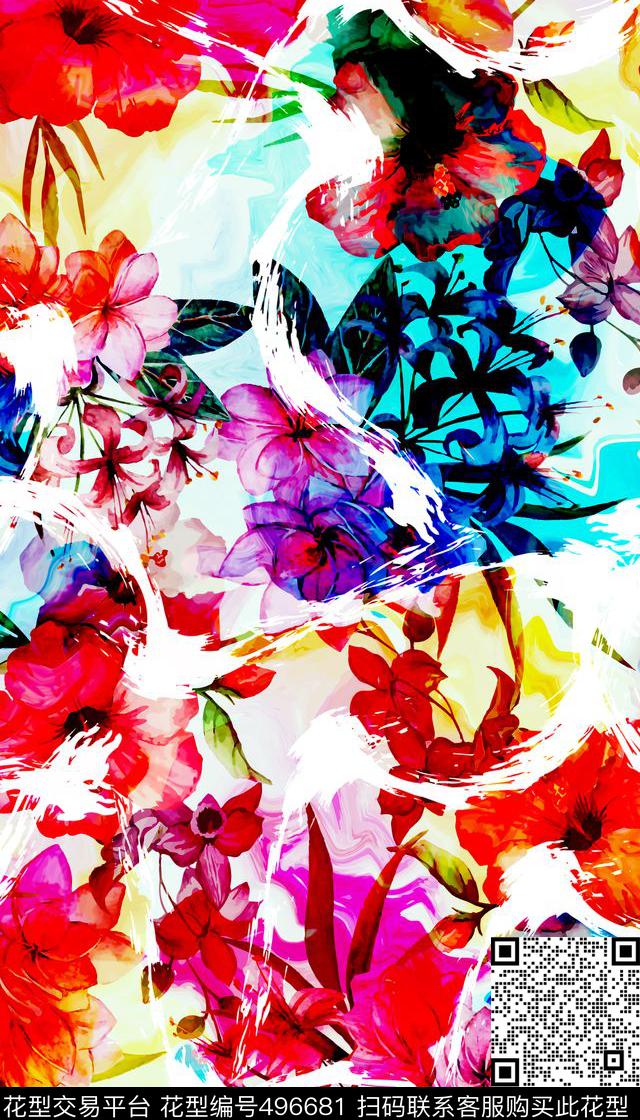抽象水彩风花卉数码印花华亿平台下载（图片编号: 496681） - 瓦栏（Walan）