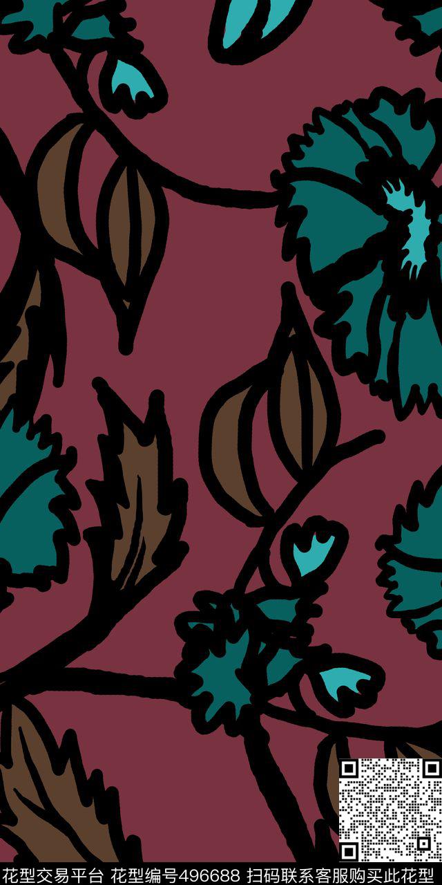 欧美花卉手绘传统印花华亿平台下载（图片编号: 496688） - 瓦栏（Walan）