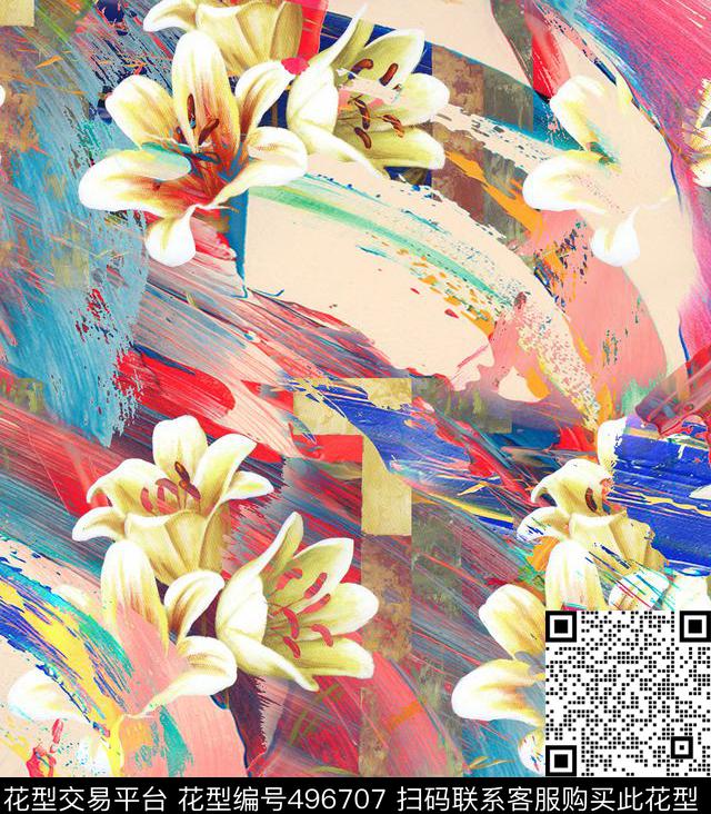 流行时尚手绘水彩花卉欧美数码印花华亿平台下载（图片编号: 496707） - 瓦栏（Walan）