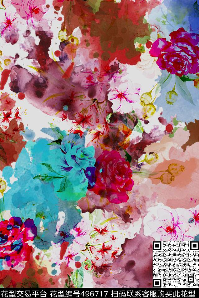 抽象水彩风花卉数码印花华亿平台下载（图片编号: 496717） - 瓦栏（Walan）