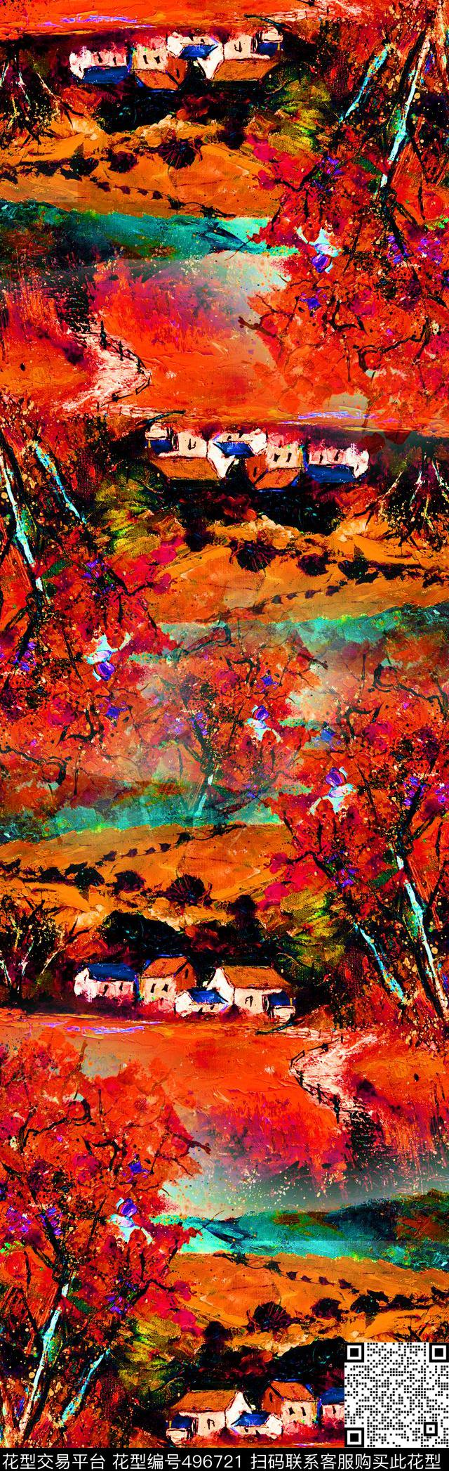 风景油画风风景画长丝巾数码印花华亿平台下载（图片编号: 496721） - 瓦栏（Walan）