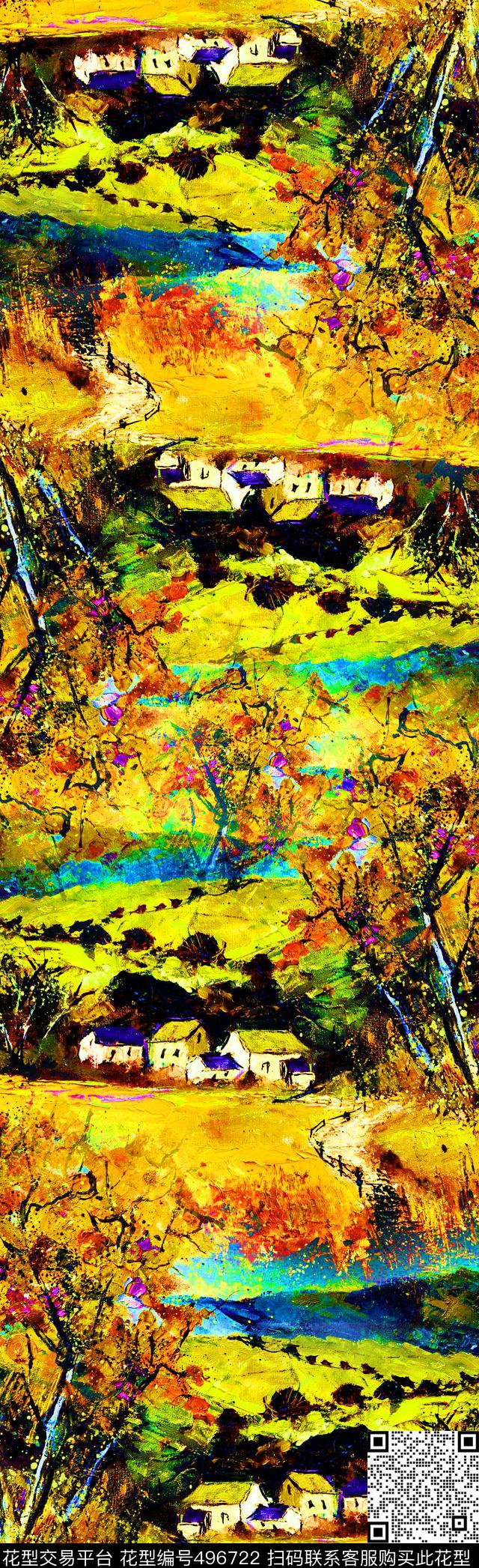 风景油画风风景画长丝巾数码印花华亿平台下载（图片编号: 496722） - 瓦栏（Walan）