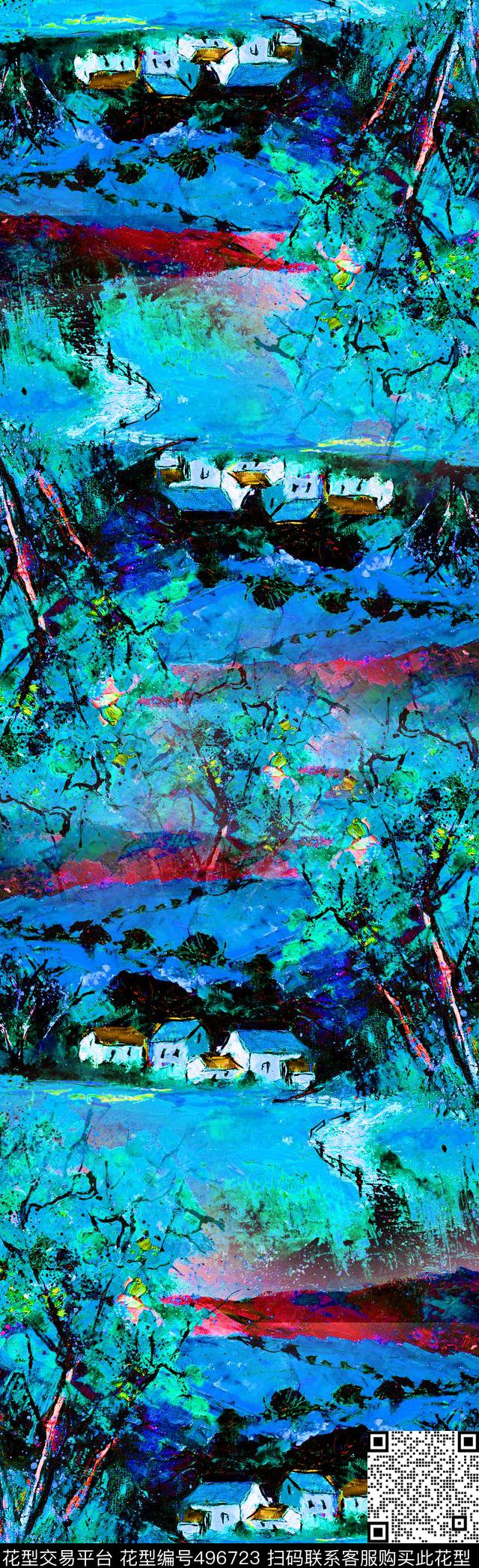 风景油画风风景画长丝巾数码印花华亿平台下载（图片编号: 496723） - 瓦栏（Walan）