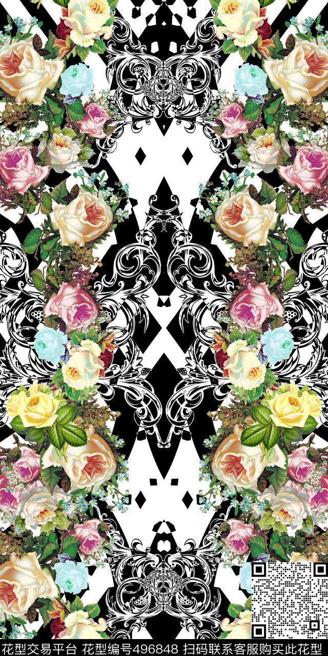 黑白复古花卉数码印花华亿平台下载（图片编号: 496848） - 瓦栏（Walan）