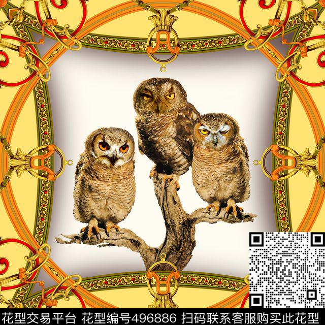 老鹰欧式手绘链条猫头鹰方巾世界数码印花华亿平台下载（图片编号: 496886） - 瓦栏（Walan）