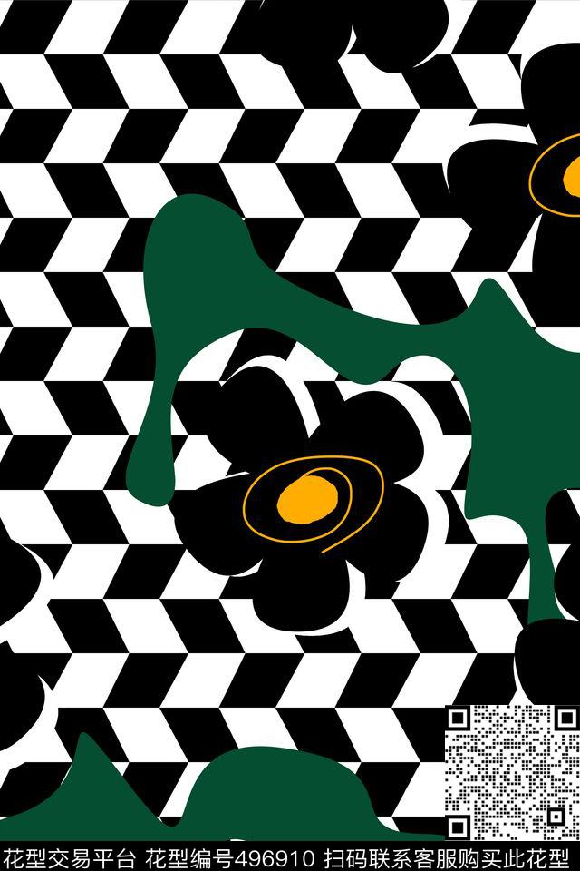大牌几何花卉传统印花华亿平台下载（图片编号: 496910） - 瓦栏（Walan）