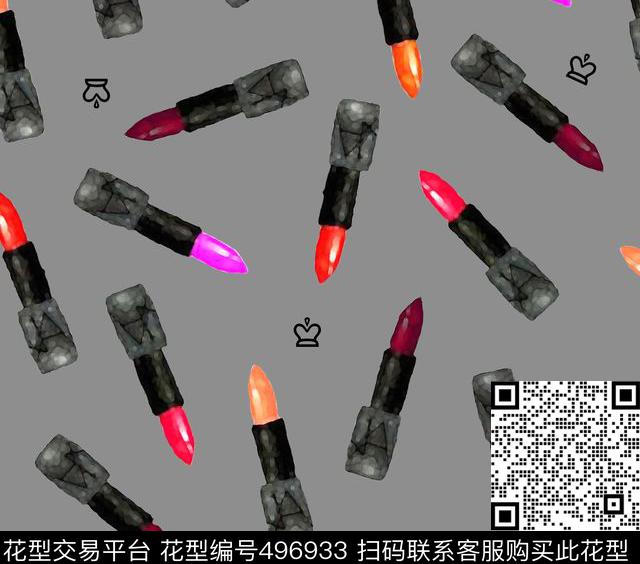 时尚风格手绘、干画笔、大牌、口红、皇冠手绘风格数码印花华亿平台下载（图片编号: 496933） - 瓦栏（Walan）