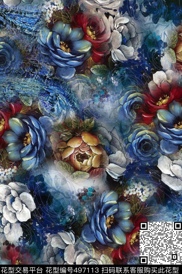 抽象底纹旗袍华亿平台手绘花数码印花华亿平台下载（图片编号: 497113） - 瓦栏（Walan）