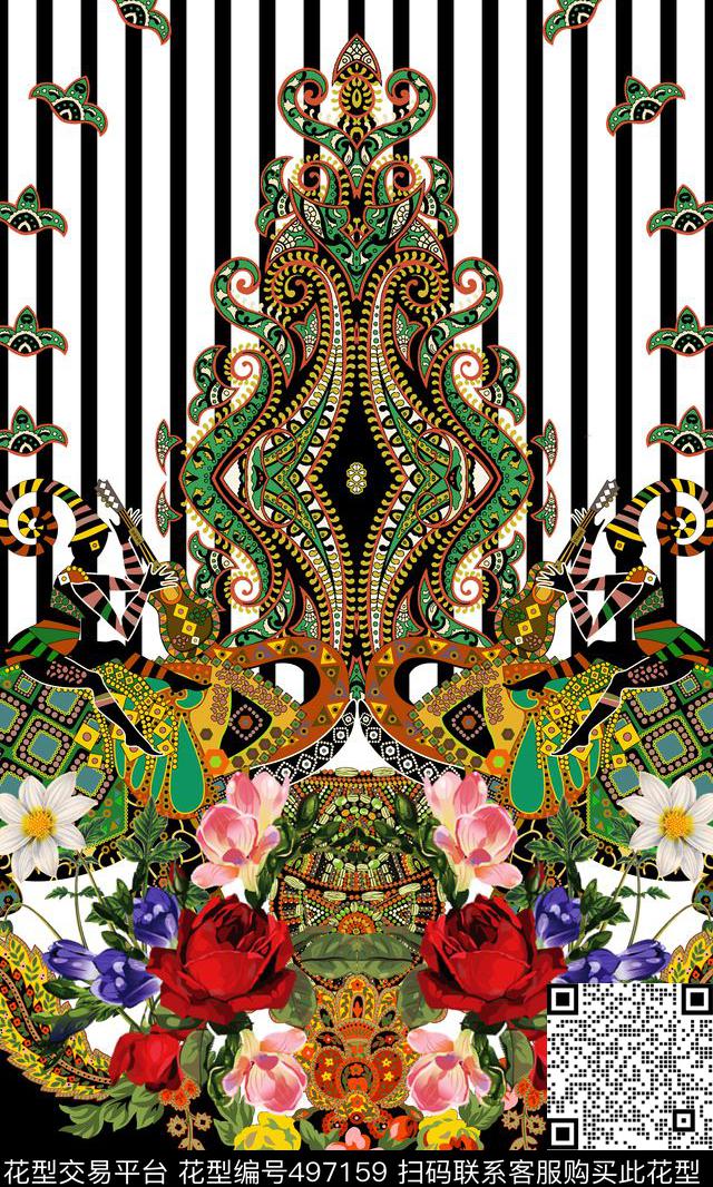 手绘定位民族欧美印度花卉手绘定位民族欧美印度花卉玫瑰大牌原创抽象几何线条H【抽象】数码印花华亿平台下载（图片编号: 497159） - 瓦栏（Walan）