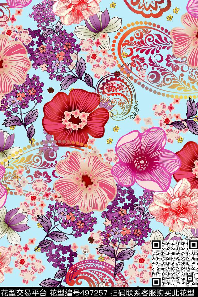 清爽淡彩手绘花卉佩斯利手绘数码印花华亿平台下载（图片编号: 497257） - 瓦栏（Walan）
