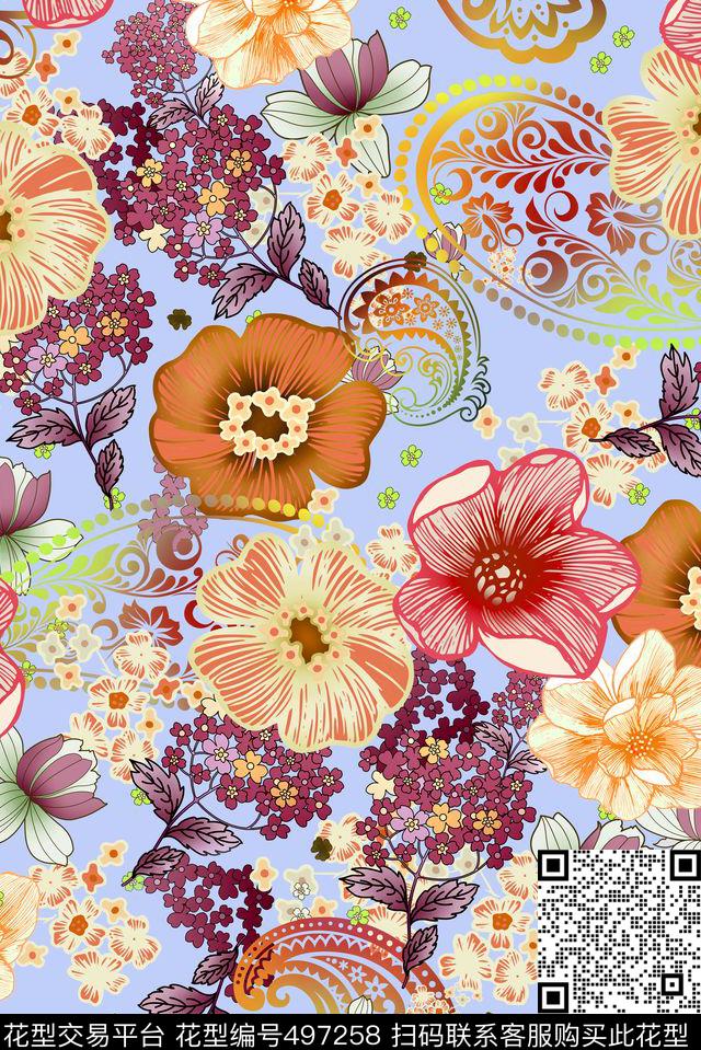 清爽淡彩手绘花卉佩斯利手绘数码印花华亿平台下载（图片编号: 497258） - 瓦栏（Walan）
