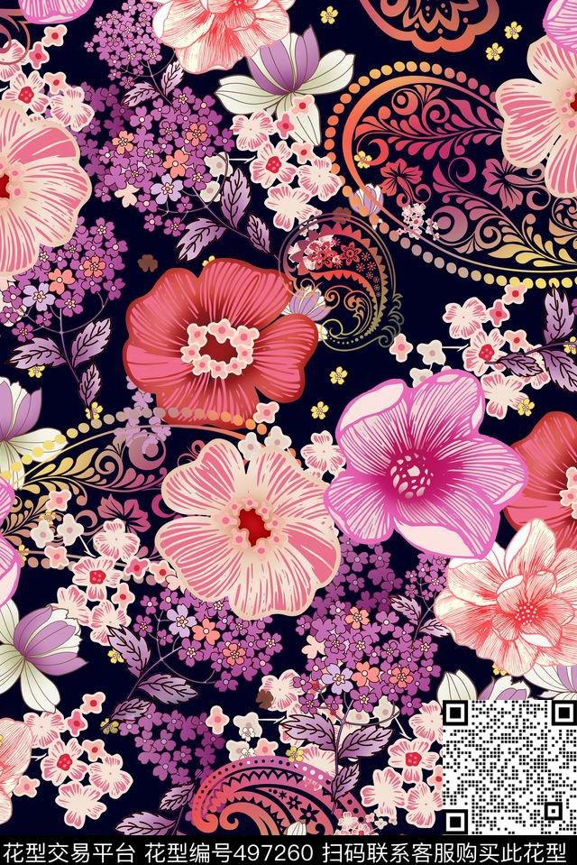 清爽淡彩手绘花卉佩斯利手绘数码印花华亿平台下载（图片编号: 497260） - 瓦栏（Walan）