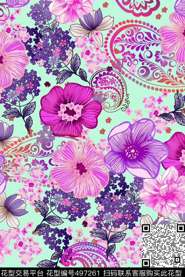 清爽淡彩手绘花卉佩斯利手绘数码印花华亿平台下载（图片编号: 497261） - 瓦栏（Walan）