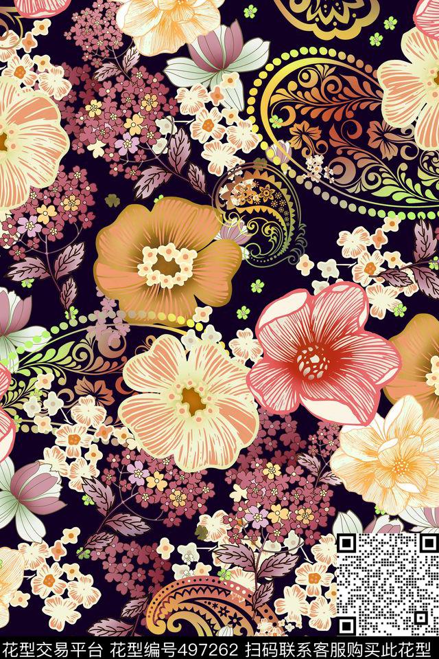 清爽淡彩手绘花卉佩斯利手绘数码印花华亿平台下载（图片编号: 497262） - 瓦栏（Walan）