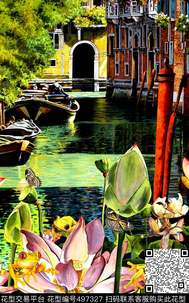 时尚荷花风景数码印花华亿平台下载（图片编号: 497327） - 瓦栏（Walan）