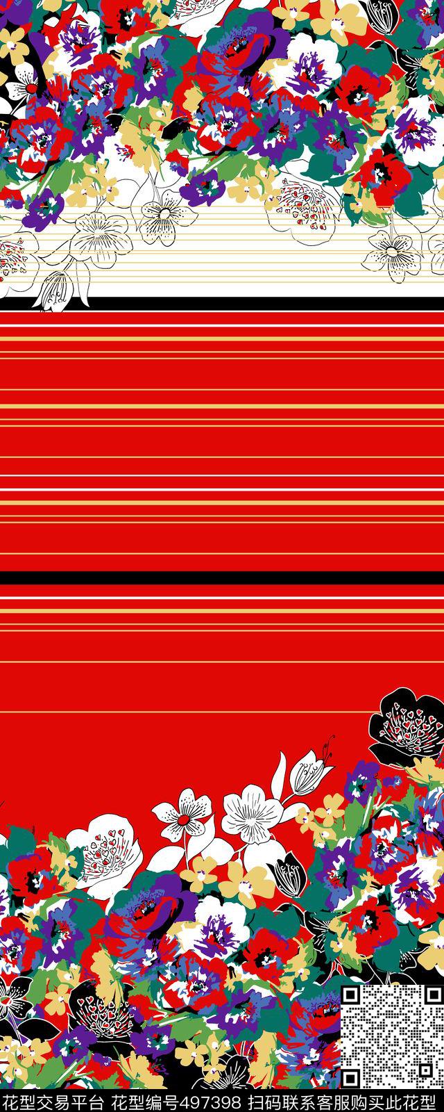衬衫裙子双边定位花朵横条中国红传统印花华亿平台下载（图片编号: 497398） - 瓦栏（Walan）