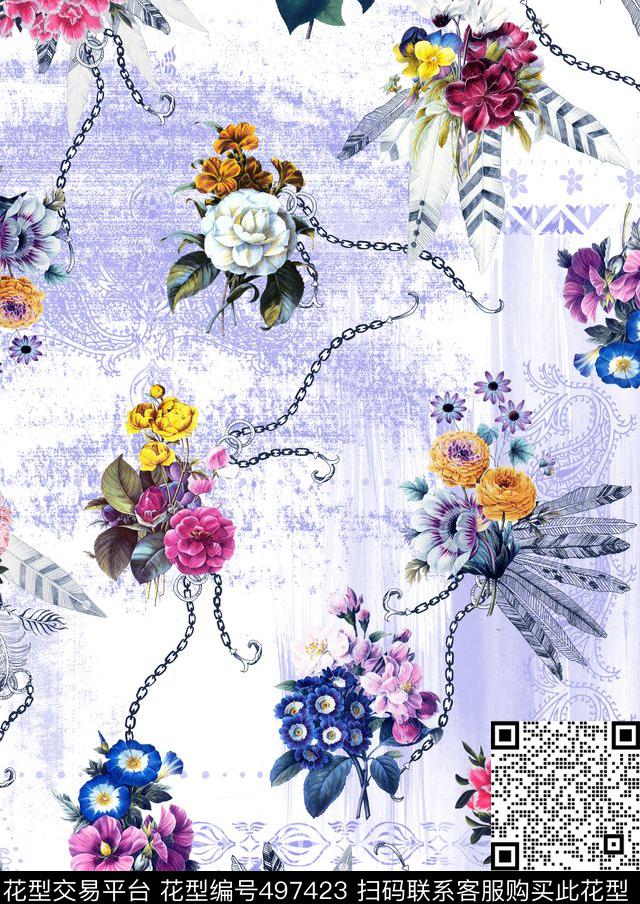 清爽花卉链条羽毛花卉数码印花华亿平台下载（图片编号: 497423） - 瓦栏（Walan）