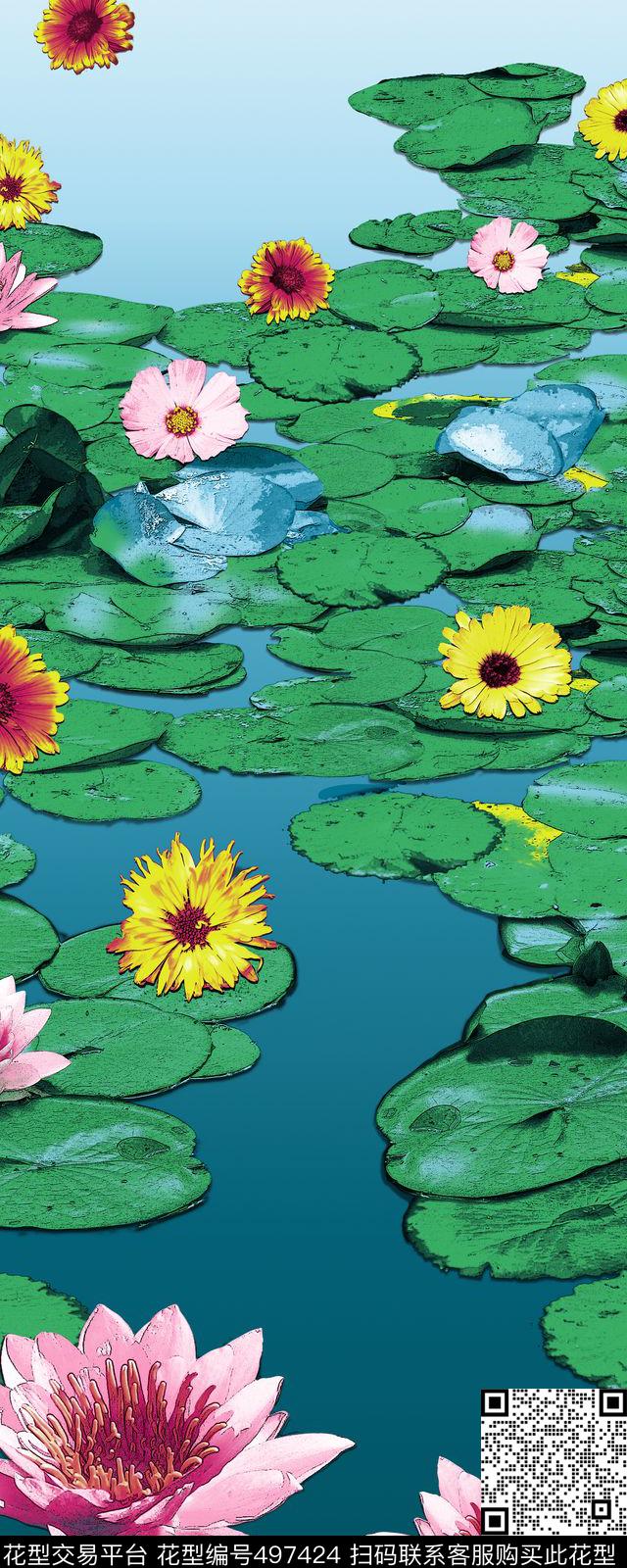 湖泊荷塘长裙上衣单边定位数码印花华亿平台下载（图片编号: 497424） - 瓦栏（Walan）