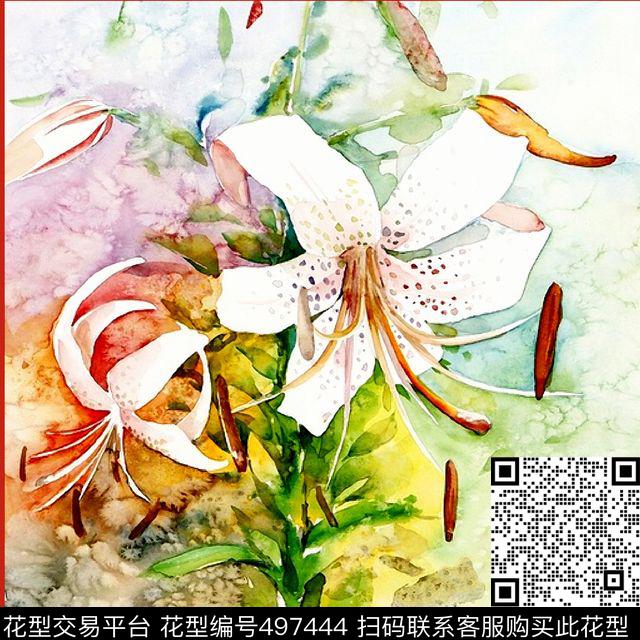 百合方巾花卉数码印花华亿平台下载（图片编号: 497444） - 瓦栏（Walan）