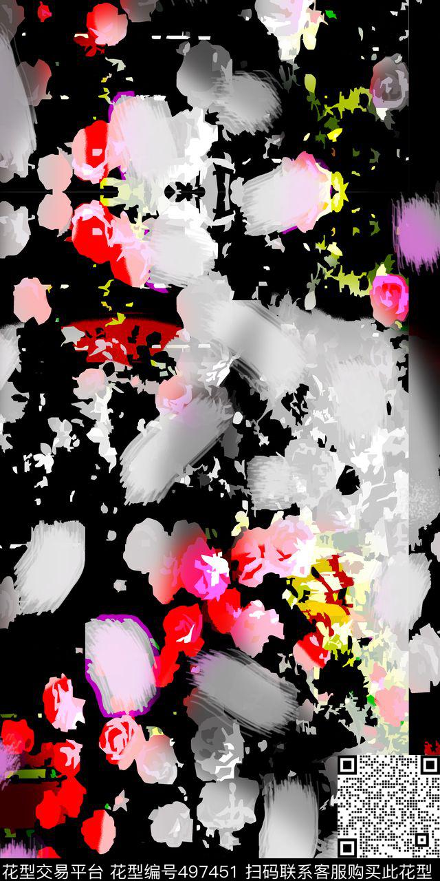 时尚科幻黑灰色系抽象花卉数码印花华亿平台下载（图片编号: 497451） - 瓦栏（Walan）