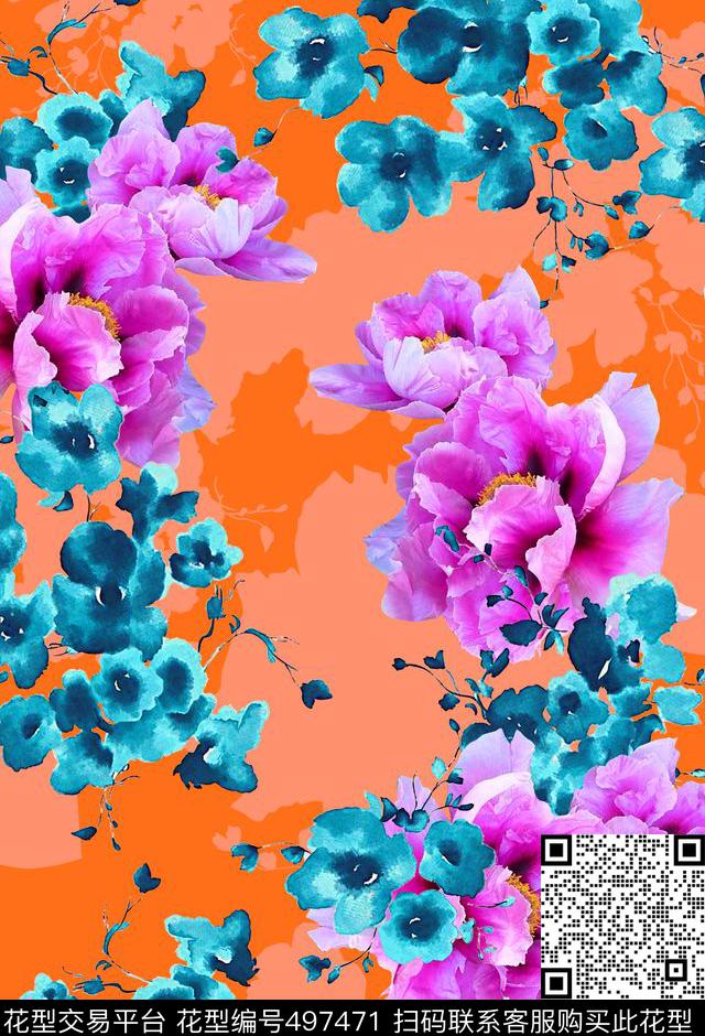 2016春夏橙色手绘花数码印花华亿平台下载（图片编号: 497471） - 瓦栏（Walan）