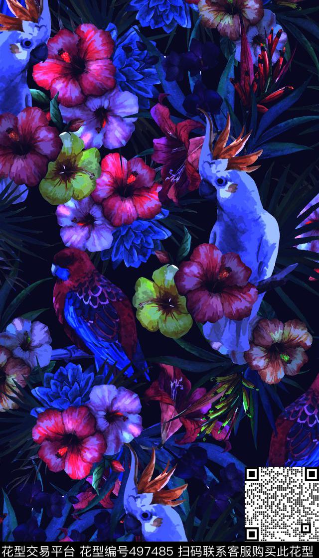 水彩热带风情鹦鹉数码印花华亿平台下载（图片编号: 497485） - 瓦栏（Walan）