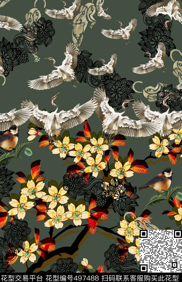 时尚花鸟仙鹤数码印花华亿平台下载（图片编号: 497488） - 瓦栏（Walan）