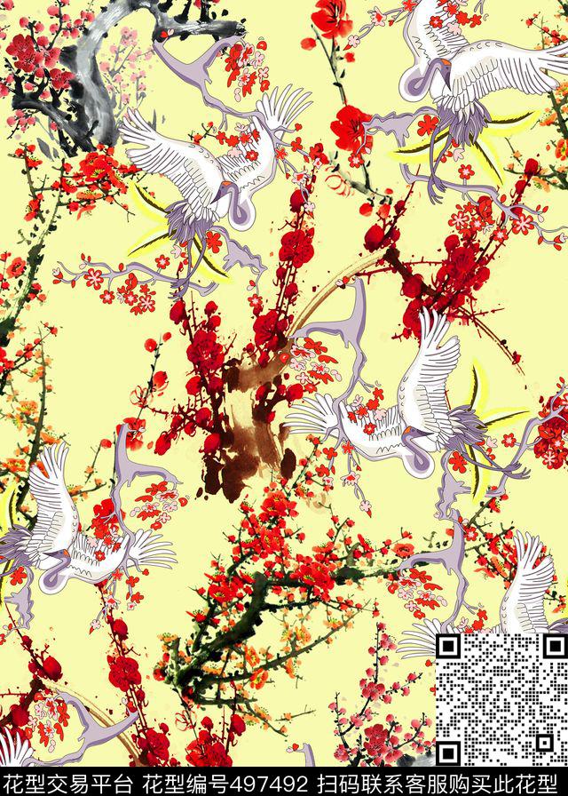仙鹤梅花中国风数码印花华亿平台下载（图片编号: 497492） - 瓦栏（Walan）