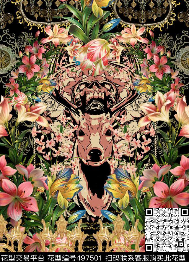 时尚鹿头欧式数码印花华亿平台下载（图片编号: 497501） - 瓦栏（Walan）