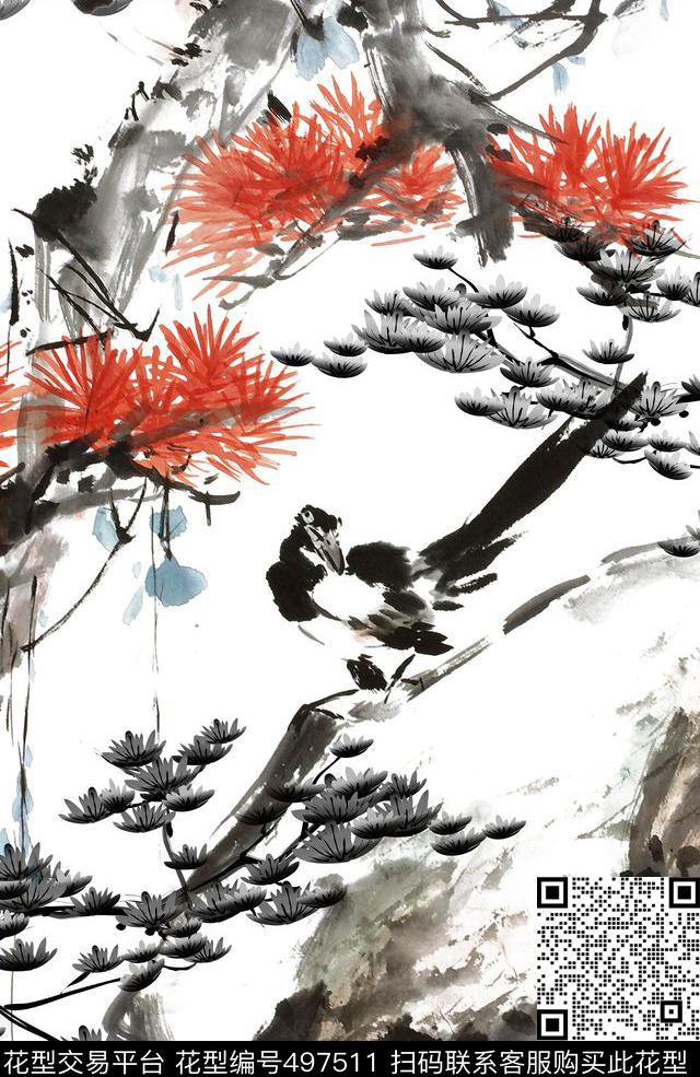 工笔山水意境数码印花华亿平台下载（图片编号: 497511） - 瓦栏（Walan）